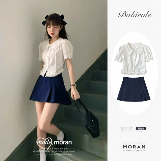 College style chic and beautiful shirt short-sleeved top gentle breast cute little two-piece suit skirt women 2025 summer