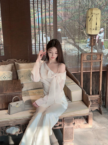 FairyJiang summer new off-shoulder bow white chiffon shirt women's short loose bell sleeve top