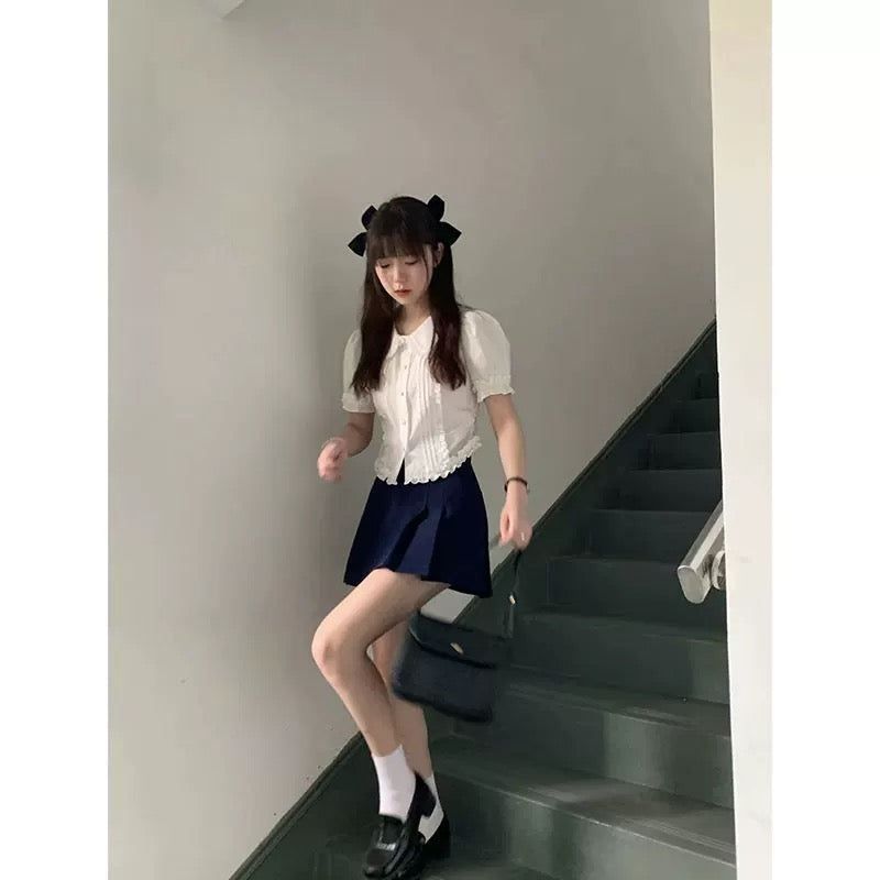 College style chic and beautiful shirt short-sleeved top gentle breast cute little two-piece suit skirt women 2025 summer