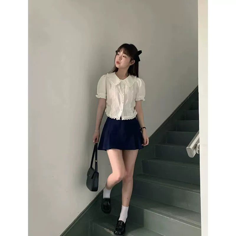 College style chic and beautiful shirt short-sleeved top gentle breast cute little two-piece suit skirt women 2025 summer