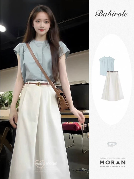 Korean style simple temperament workplace commuting shirt top half length skirt two-piece suit for women summer matching complete set