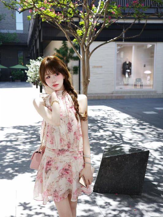 ChillJoying "Rose & Lily" – A charming, sleeveless, halter-neck chiffon dress featuring a delicate floral print and a "faux two-piece" layered design.