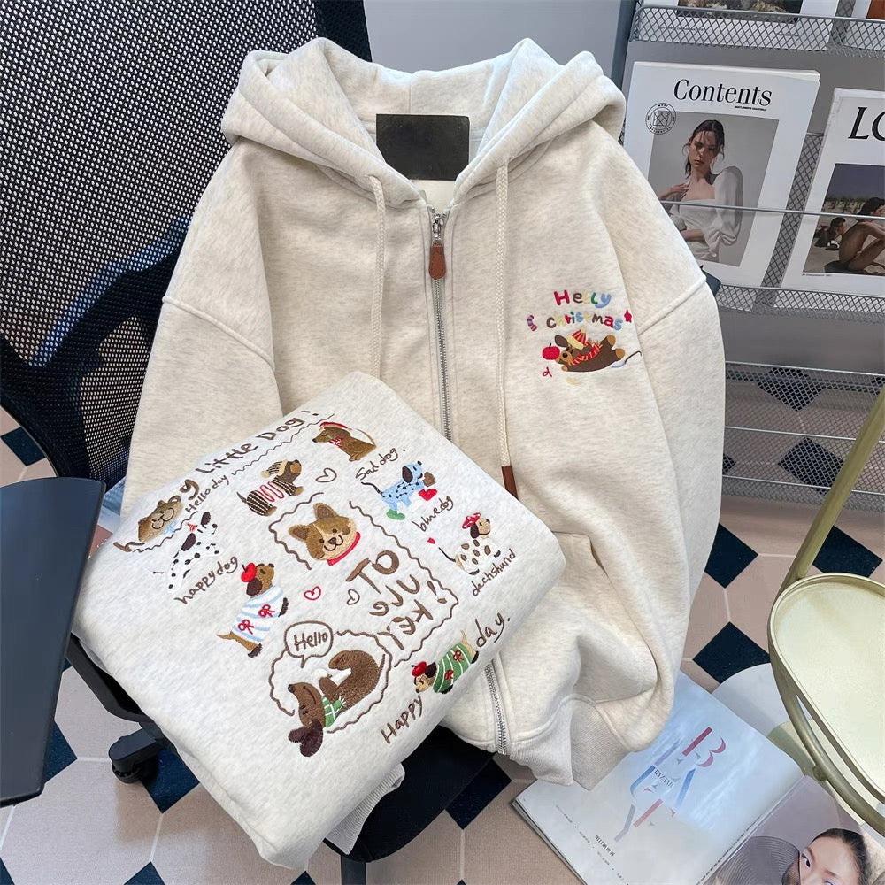 Autumn and winter plush and thickened embroidered puppy cardigan jacket for women, high-end feeling, super good-looking, stylish and age-reducing hooded sweatshirt