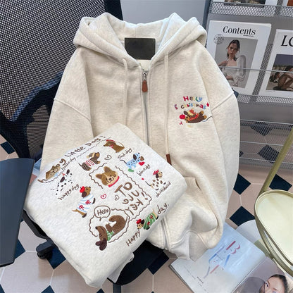 Autumn and winter plush and thickened embroidered puppy cardigan jacket for women, high-end feeling, super good-looking, stylish and age-reducing hooded sweatshirt