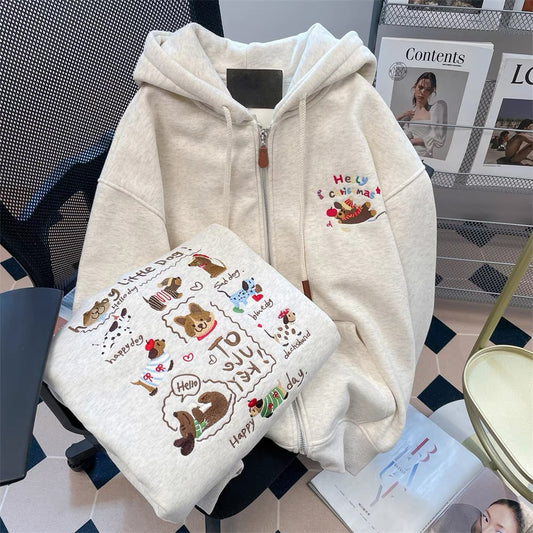 Autumn and winter plush and thickened embroidered puppy cardigan jacket for women, high-end feeling, super good-looking, stylish and age-reducing hooded sweatshirt