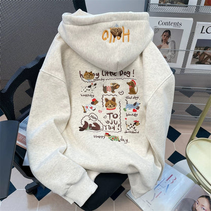 Autumn and winter plush and thickened embroidered puppy cardigan jacket for women, high-end feeling, super good-looking, stylish and age-reducing hooded sweatshirt