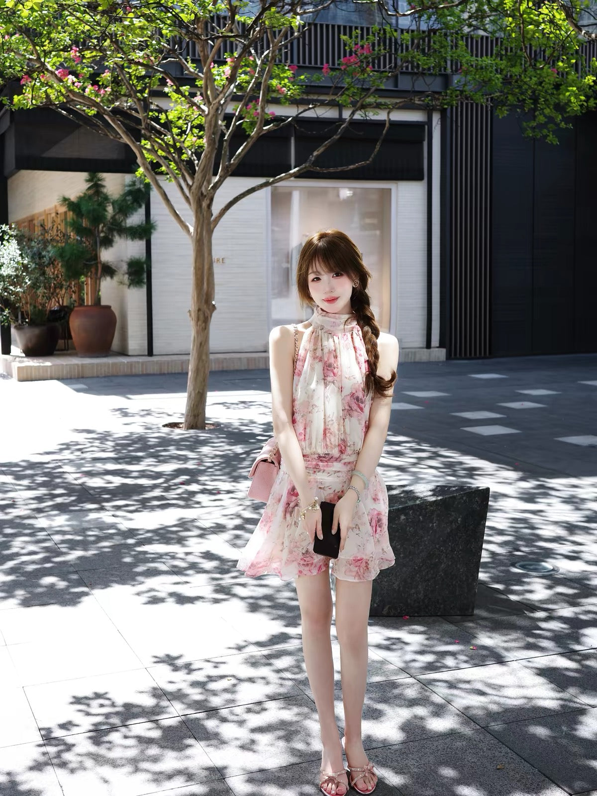 ChillJoying "Rose & Lily" – A charming, sleeveless, halter-neck chiffon dress featuring a delicate floral print and a "faux two-piece" layered design.