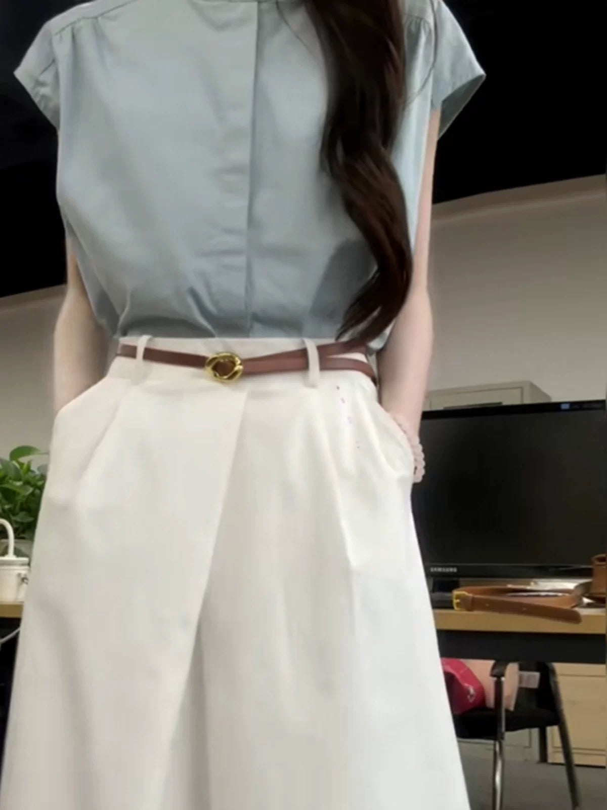 Korean style simple temperament workplace commuting shirt top half length skirt two-piece suit for women summer matching complete set