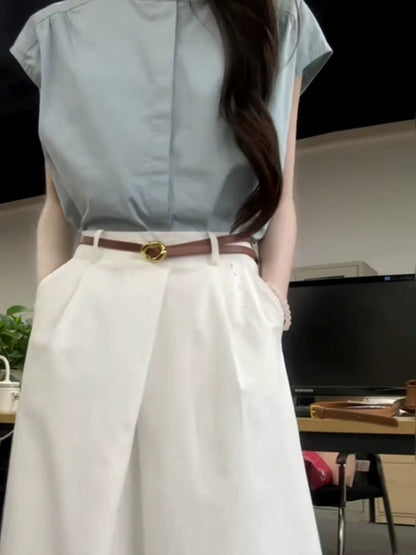 Korean style simple temperament workplace commuting shirt top half length skirt two-piece suit for women summer matching complete set