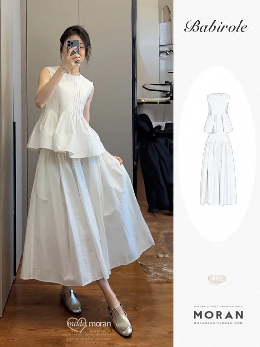 Salt style two-piece suit, sleeveless flower bud top + high-waisted A-line skirt, summer fashion, foreign style and high-end feel