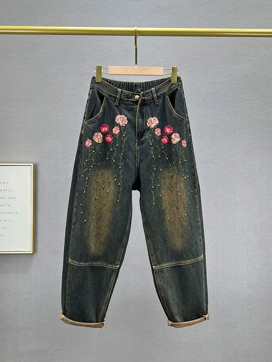 Harem Jeans Women's Baggy Pants 2023 New Autumn High Waist Slimming Large Size Loose Hong Kong Style Embroidered Dad Pants