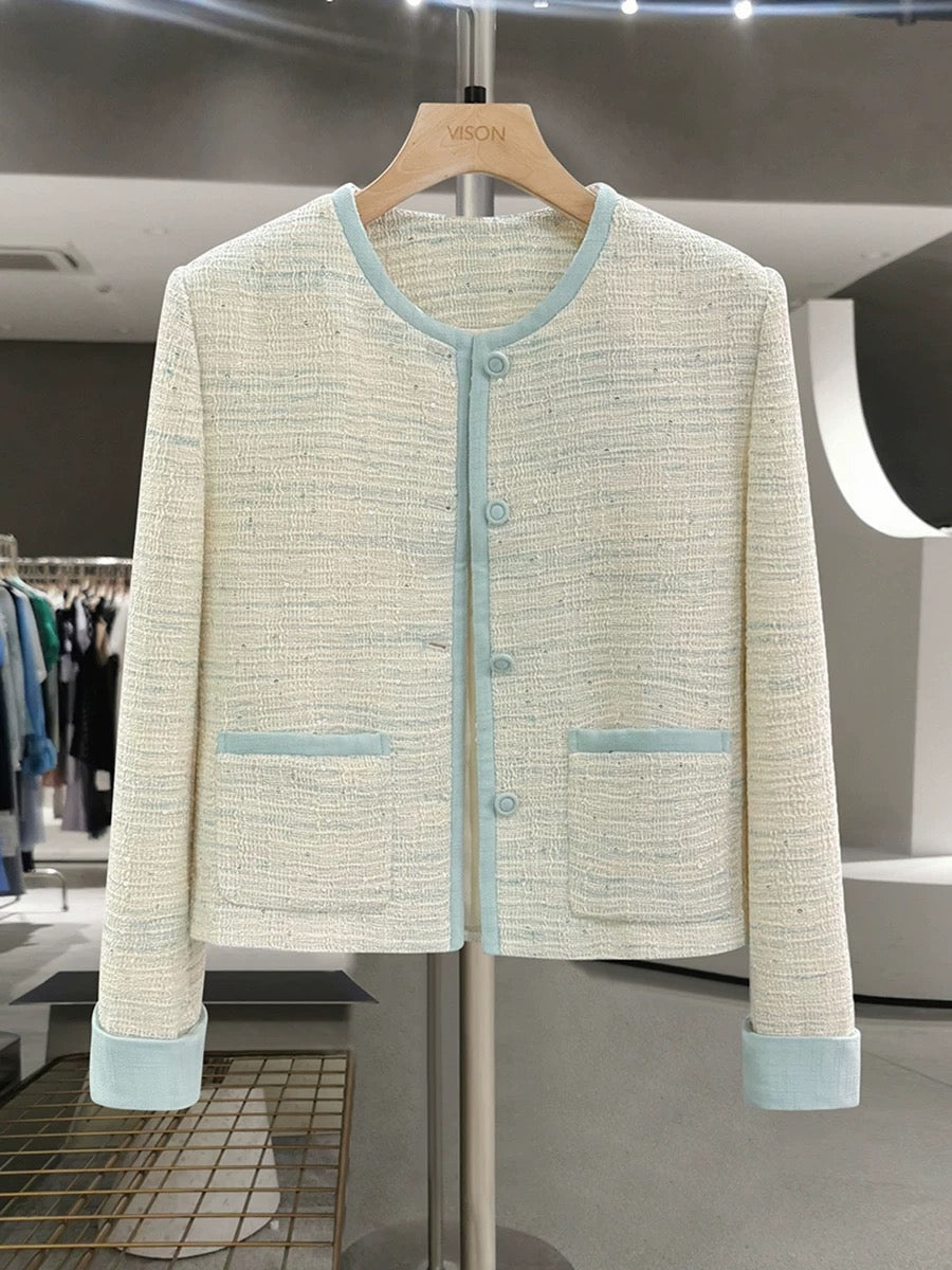 Mint green fashionable contrast color stylish small fragrance style jacket for women spring and autumn 2025 new Korean style white short top