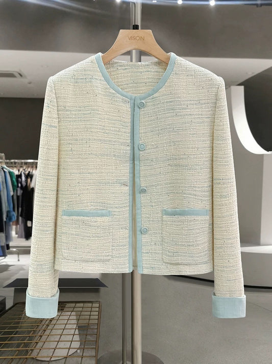 Mint green fashionable contrast color stylish small fragrance style jacket for women spring and autumn 2025 new Korean style white short top