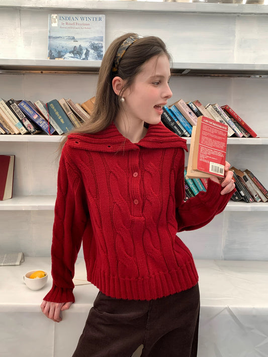 EGGKA Red Cable Knit Sweater for Women, New Winter Style, Short, Casual, Simple Pullover Top