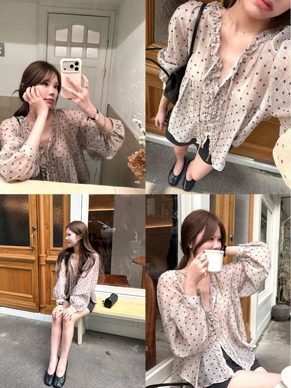 Yookson Romantic Midsummer: Women's Loose V-Neck Long-Sleeve Shirt with Lettuce-Edge Detail – Breathable Sun-Protection Fabric