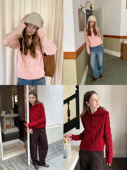 EGGKA Red Cable Knit Sweater for Women, New Winter Style, Short, Casual, Simple Pullover Top