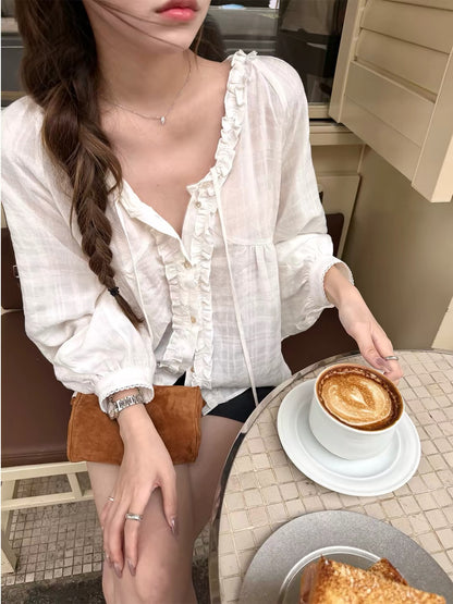 Yookson Romantic Midsummer: Women's Loose V-Neck Long-Sleeve Shirt with Lettuce-Edge Detail – Breathable Sun-Protection Fabric