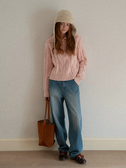 EGGKA Red Cable Knit Sweater for Women, New Winter Style, Short, Casual, Simple Pullover Top