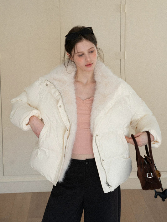 EGGKA Apricot Fur-lined Thick Cotton-padded Jacket for Women, Korean Style Stand Collar, Thick, Loose Fit, Warm Zipper Coat