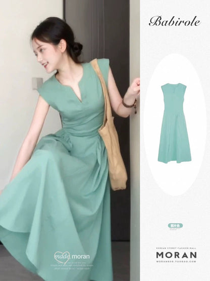 French Tea Break Elegant Green Dress Women's Summer New Slim Fit Simple Elegant Decent Long Dress