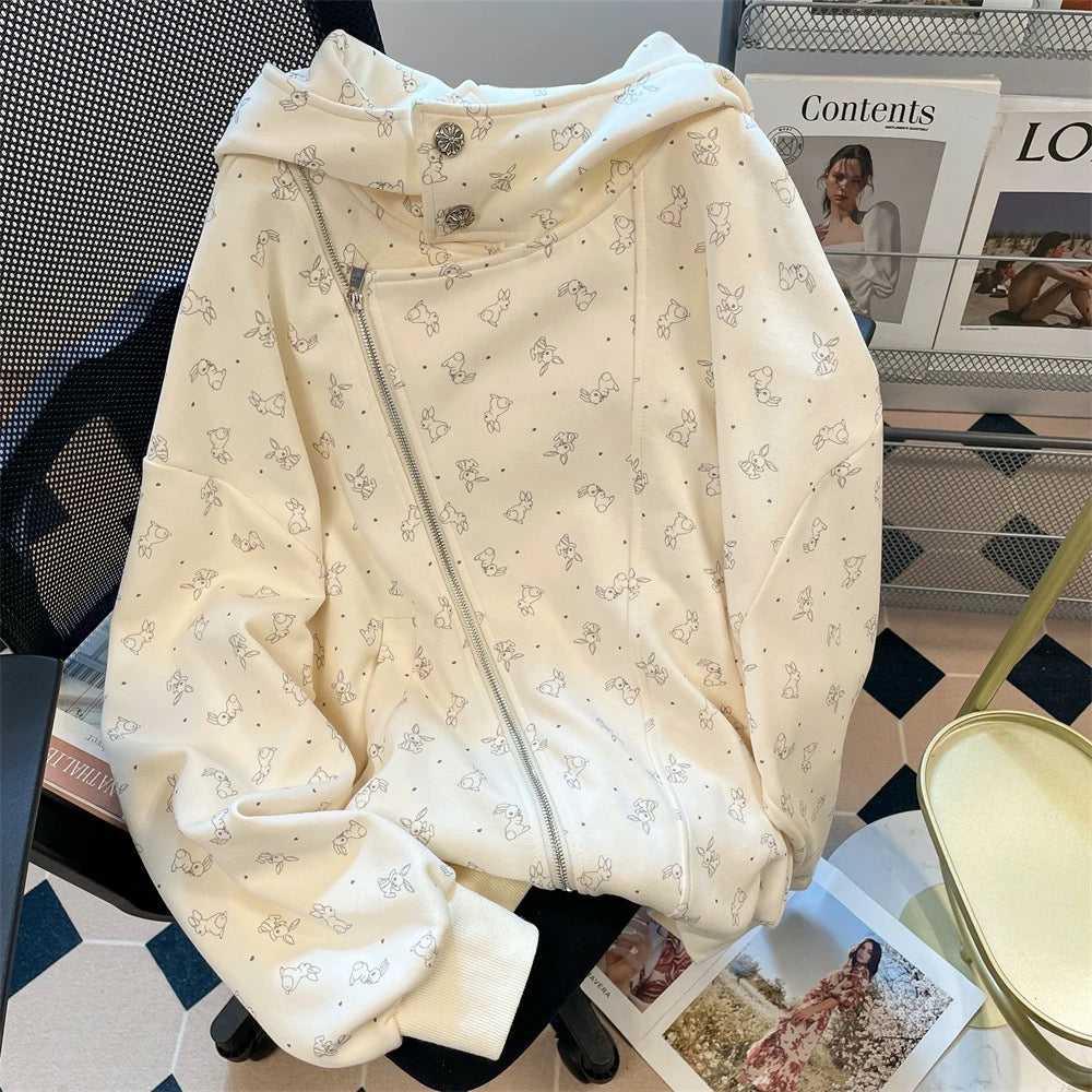 Design sense cute cream rabbit floral cardigan jacket women's spring and autumn Korean style lazy and relaxed niche sweater