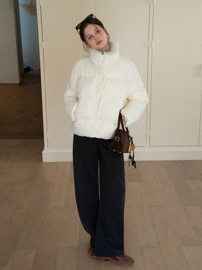 EGGKA Apricot Fur-lined Thick Cotton-padded Jacket for Women, Korean Style Stand Collar, Thick, Loose Fit, Warm Zipper Coat