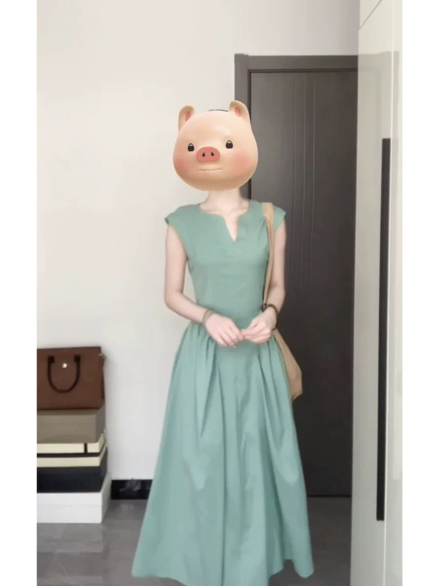 French Tea Break Elegant Green Dress Women's Summer New Slim Fit Simple Elegant Decent Long Dress