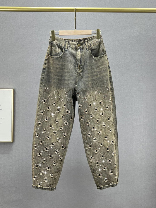 Ultra-thin denim harem pants for women 2024 new summer high-waisted loose slimming retro heavy industry hot diamond dad pants