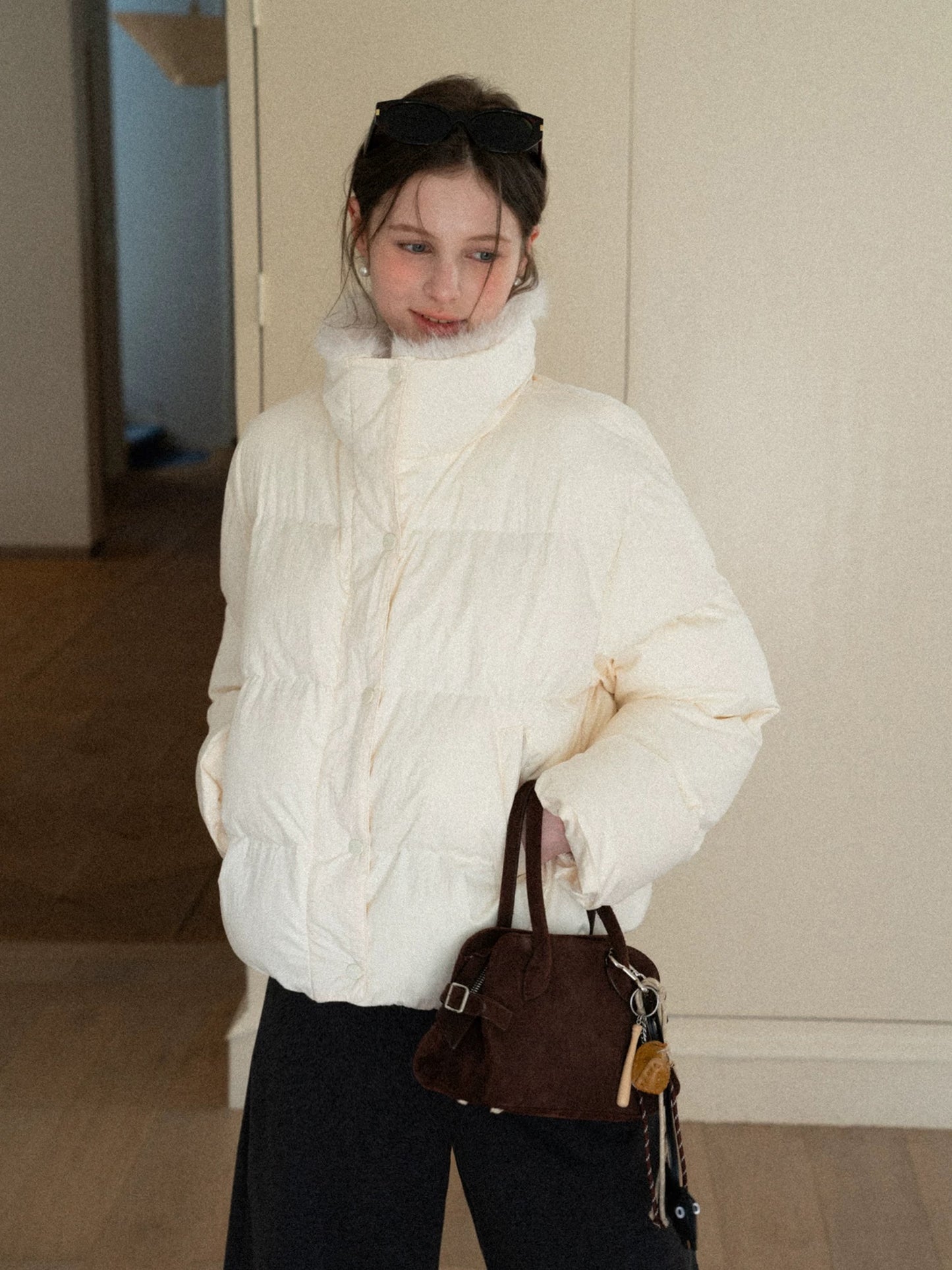 EGGKA Apricot Fur-lined Thick Cotton-padded Jacket for Women, Korean Style Stand Collar, Thick, Loose Fit, Warm Zipper Coat