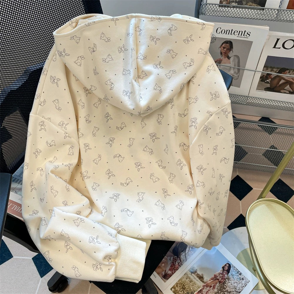 Design sense cute cream rabbit floral cardigan jacket women's spring and autumn Korean style lazy and relaxed niche sweater