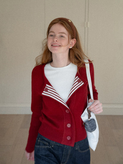 EGGKA Striped Color Block Knit Cardigan Coat, Autumn/Winter, Lapel, Short, Stylish, Slimming Top