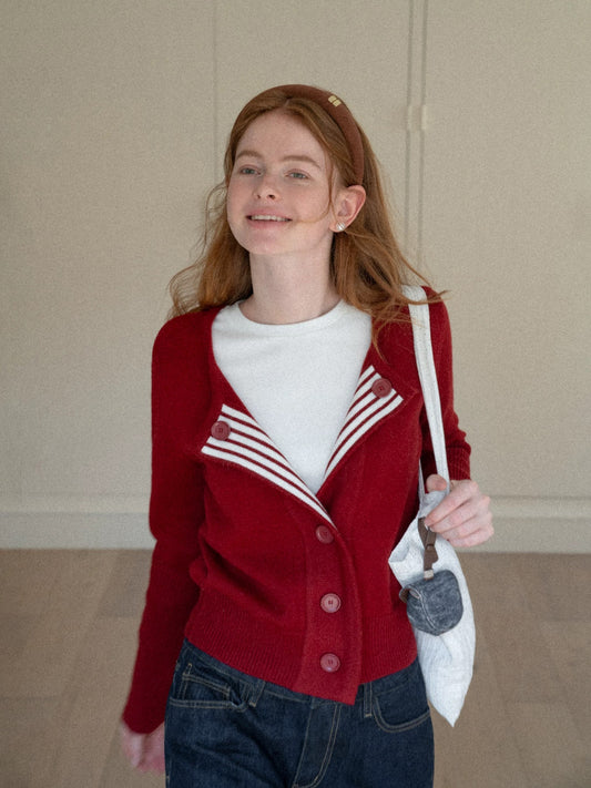 EGGKA Striped Color Block Knit Cardigan Coat, Autumn/Winter, Lapel, Short, Stylish, Slimming Top