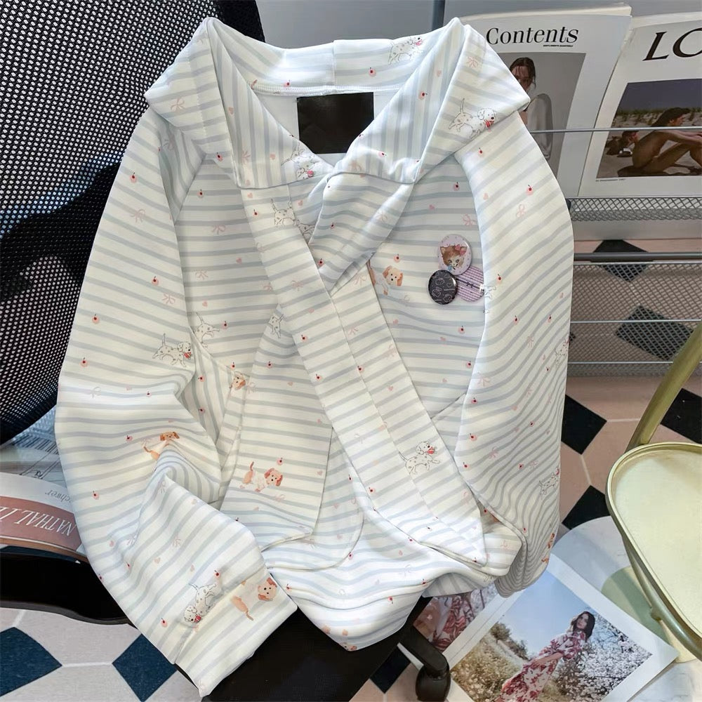 Japanese style sweet straps full print puppy sweater jacket women's spring and autumn unique beautiful fashionable striped hooded top