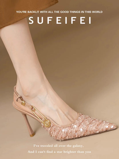 Su Feifei's new summer pointed toe beautiful high heels for women, stiletto sequined closed toe slingback sandals, one-word buckle single shoes