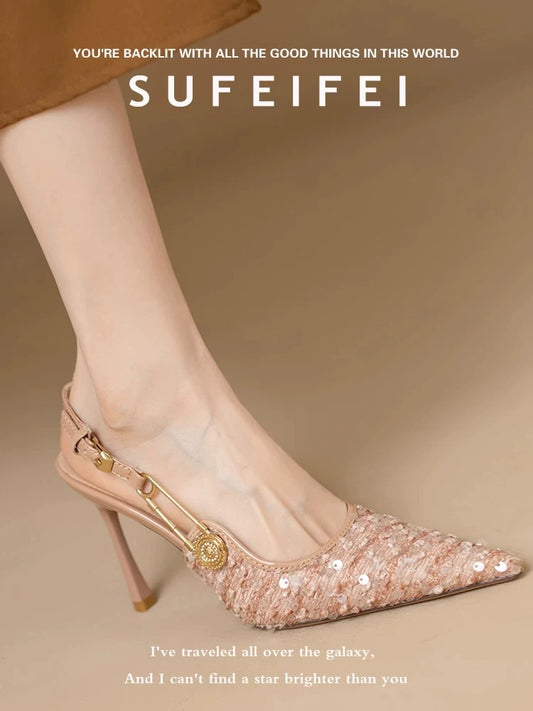 Su Feifei's new summer pointed toe beautiful high heels for women, stiletto sequined closed toe slingback sandals, one-word buckle single shoes