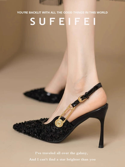 Su Feifei's new summer pointed toe beautiful high heels for women, stiletto sequined closed toe slingback sandals, one-word buckle single shoes