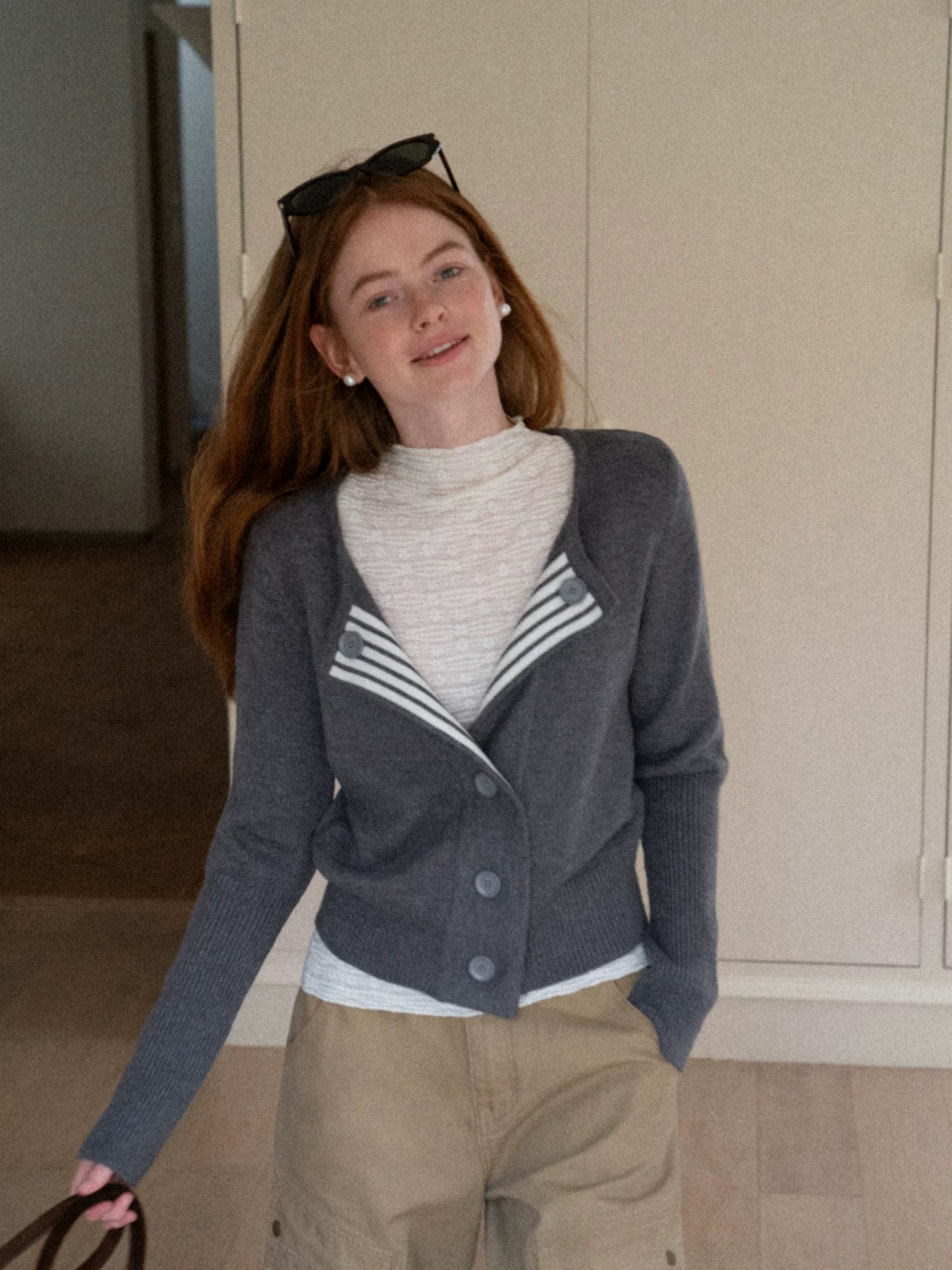 EGGKA Striped Color Block Knit Cardigan Coat, Autumn/Winter, Lapel, Short, Stylish, Slimming Top