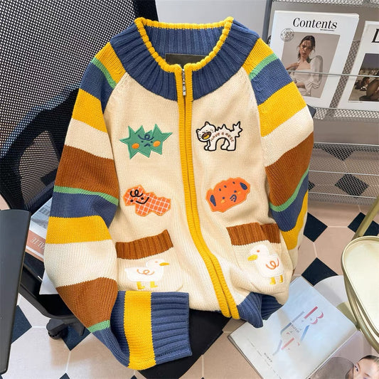 Retro contrast color striped embroidery cartoon sweater cardigan women autumn and winter petite lazy zipper jacket knitted top