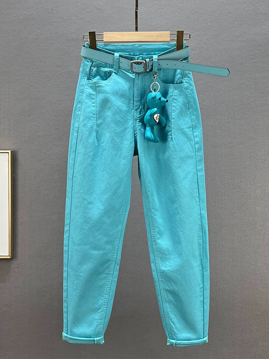 European station denim trousers for women 2024 spring and summer new style high-waisted slimming versatile loose cotton stretch daddy harem pants