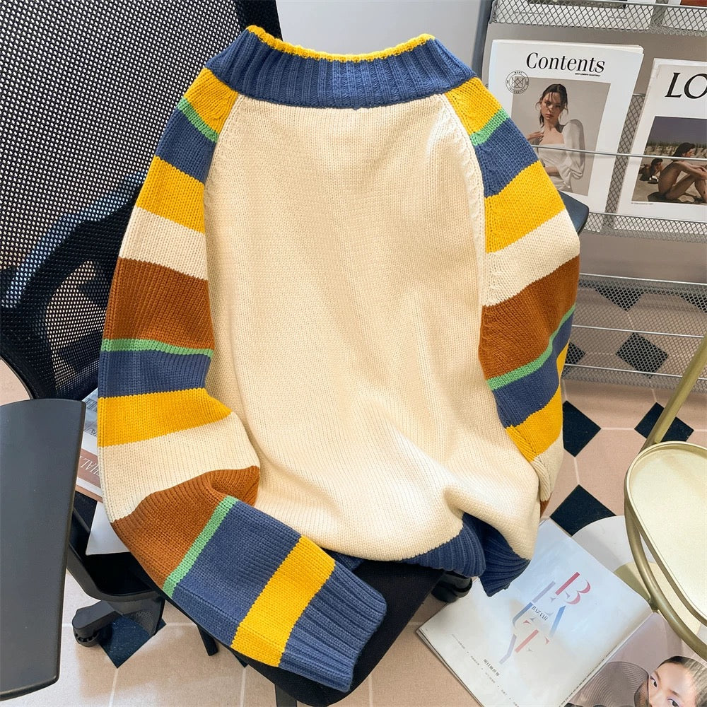 Retro contrast color striped embroidery cartoon sweater cardigan women autumn and winter petite lazy zipper jacket knitted top