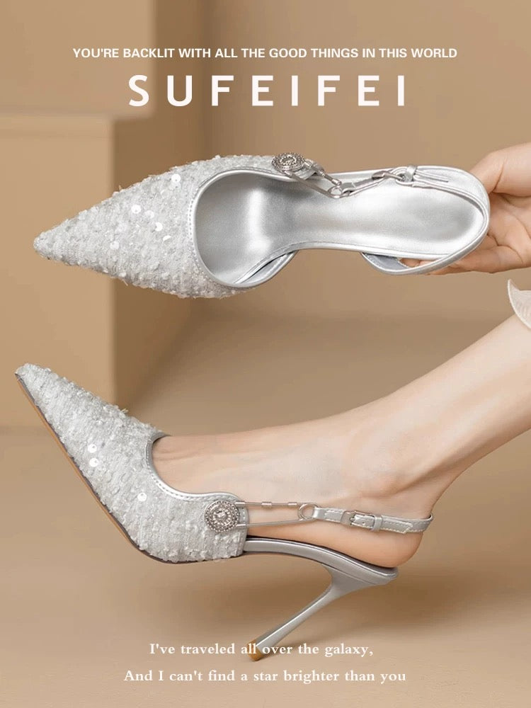 Su Feifei's new summer pointed toe beautiful high heels for women, stiletto sequined closed toe slingback sandals, one-word buckle single shoes