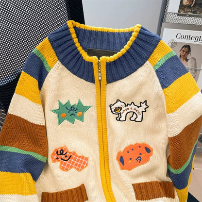 Retro contrast color striped embroidery cartoon sweater cardigan women autumn and winter petite lazy zipper jacket knitted top