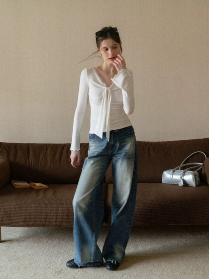 EGGKA Lace-trimmed Tie-up Faux Two-Piece Slim Fit T-Shirt, Spring 2026, V-neck, Elegant Flared Sleeves, Slimming Top