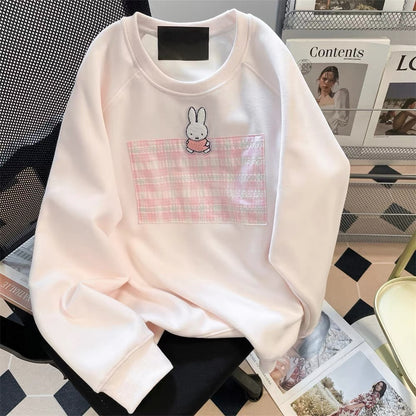 Pink Miffy Rabbit Embroidered Patch Plaid Sweatshirt Women's Autumn Korean Style Cute Sweet Petite Long Sleeve Top