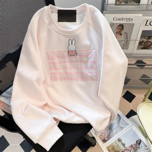 Pink Miffy Rabbit Embroidered Patch Plaid Sweatshirt Women's Autumn Korean Style Cute Sweet Petite Long Sleeve Top