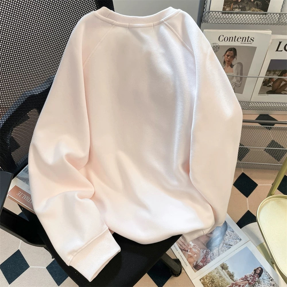 Pink Miffy Rabbit Embroidered Patch Plaid Sweatshirt Women's Autumn Korean Style Cute Sweet Petite Long Sleeve Top