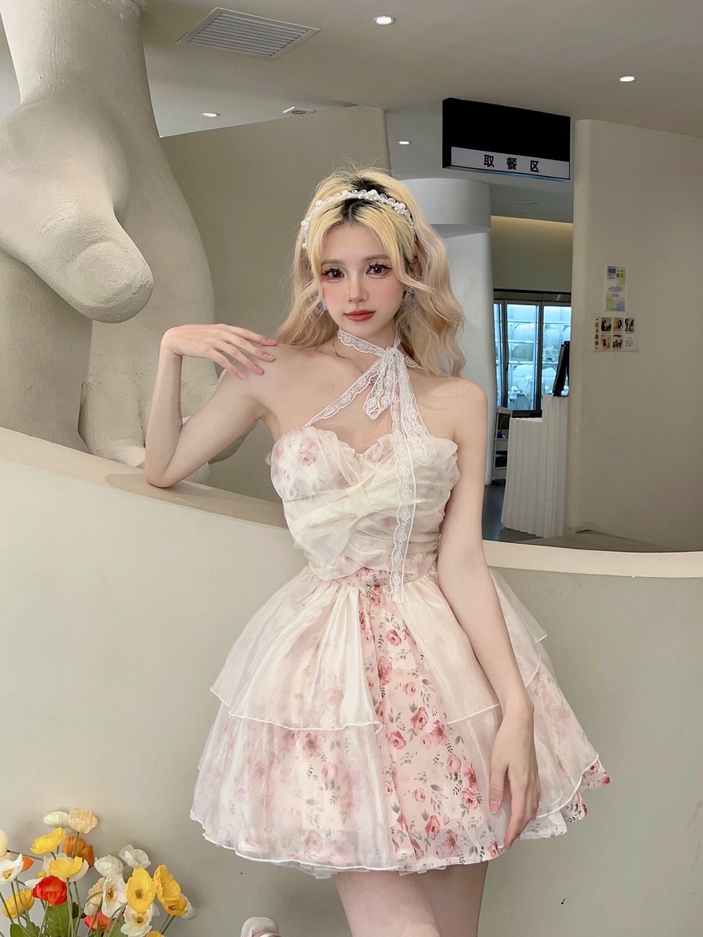 MOXI summer new one-shoulder waist niche romantic tutu skirt bow sweet slimming floral dress