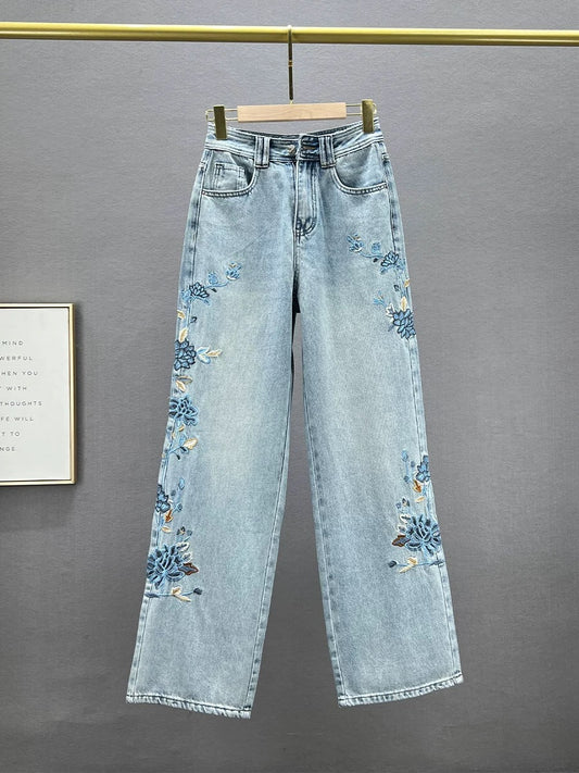 Embroidered denim wide-leg pants for women 2024 new spring high-waisted loose slimming Chinese-style national style floor-length pants