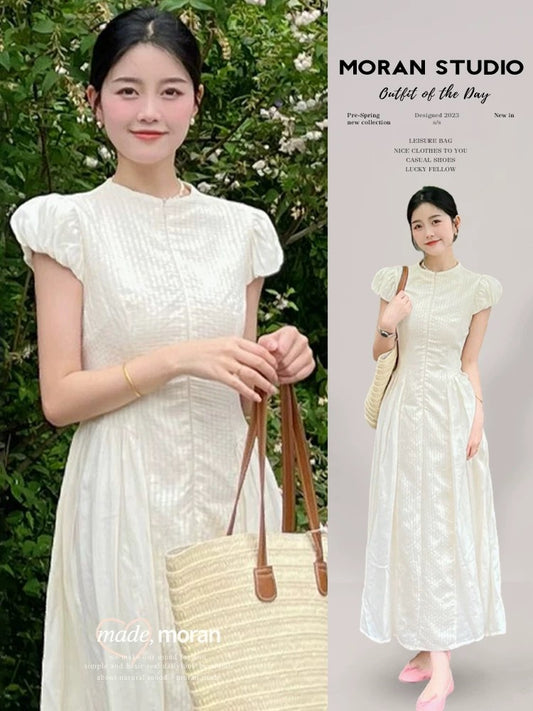 Tea break French gentle white dress summer small flying sleeves female slim goddess style long skirt high-end