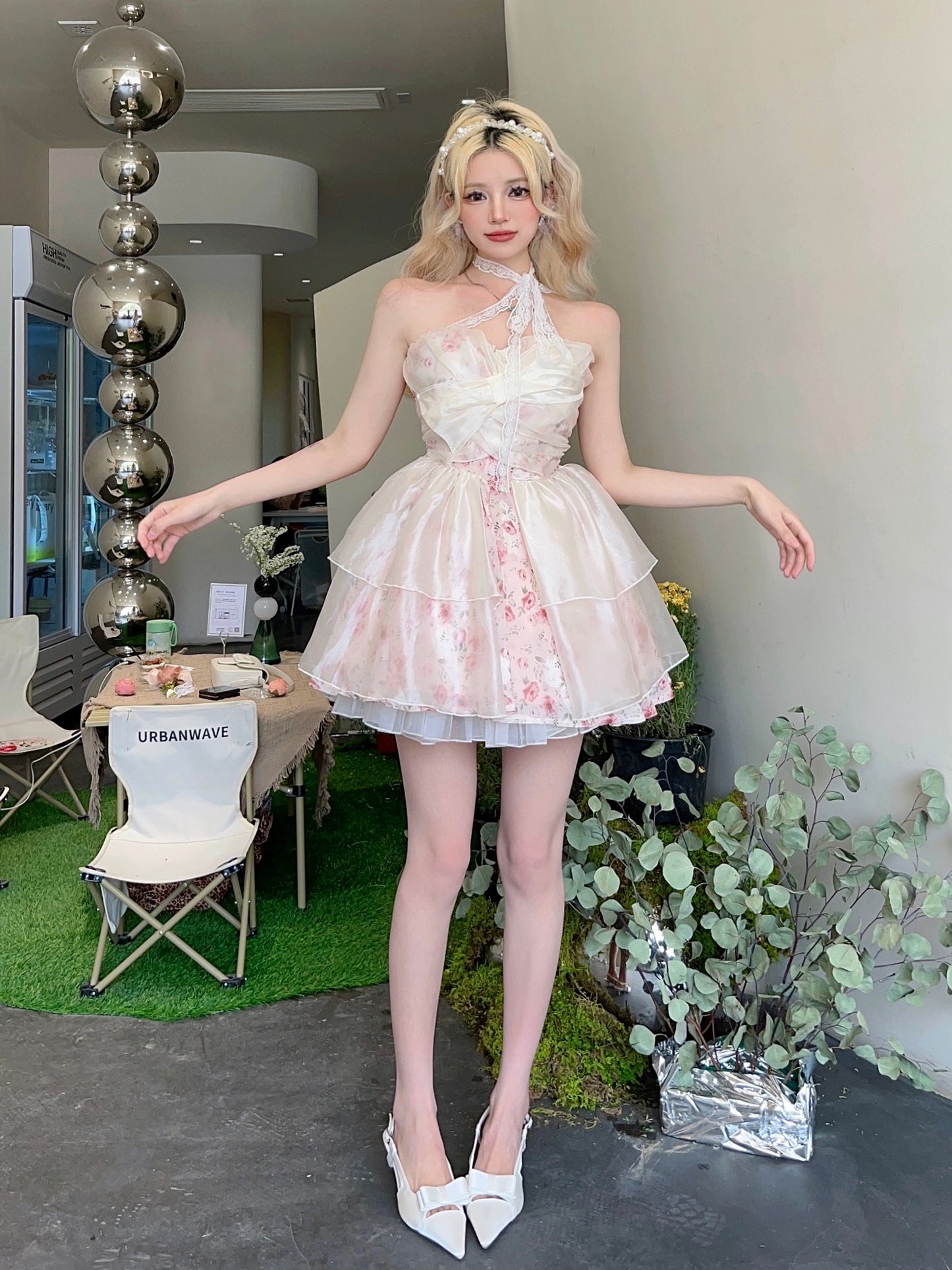 MOXI summer new one-shoulder waist niche romantic tutu skirt bow sweet slimming floral dress